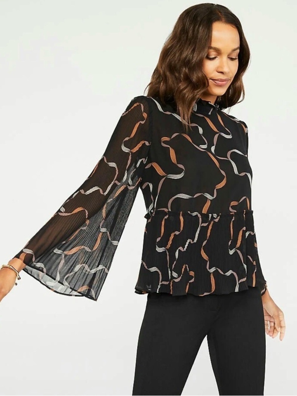 Ann Taylor ribbon print pleated peplum top in black and brown size M
